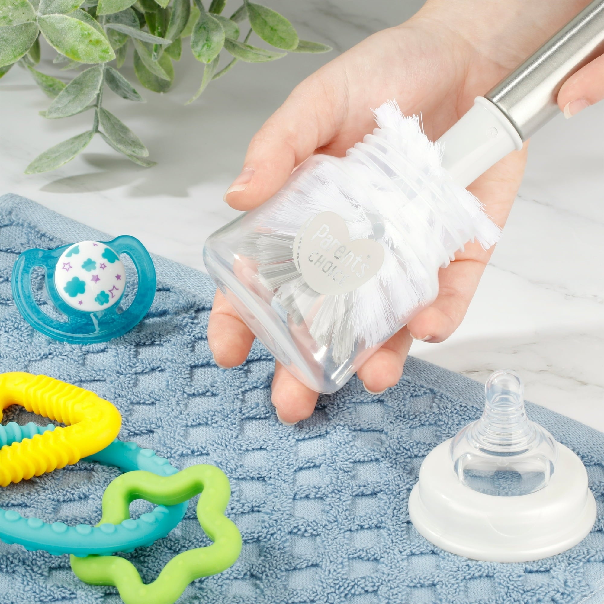 Parent's Choice Brush Breaks Long Handle Stainless Bottle Brush Cleaning Kit with Bottle Brush, Straw Brush, Nipple Brush, 2.63 in, Gray, 1 Piece