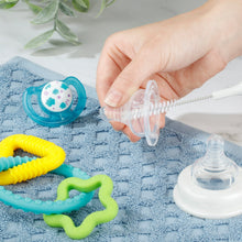 Hand-held bottle brush kit with long bristle brush for bottle interiors and narrow straw areas