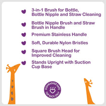 Product feature card for bottle, nipple, and straw cleaning brushes with suction cup base