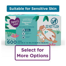 Fragrance-free baby wipes box, 600-count with sensitive skin and do not flush label