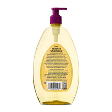Baby Wash & Shampoo bottle back label with ingredient text and purple pump