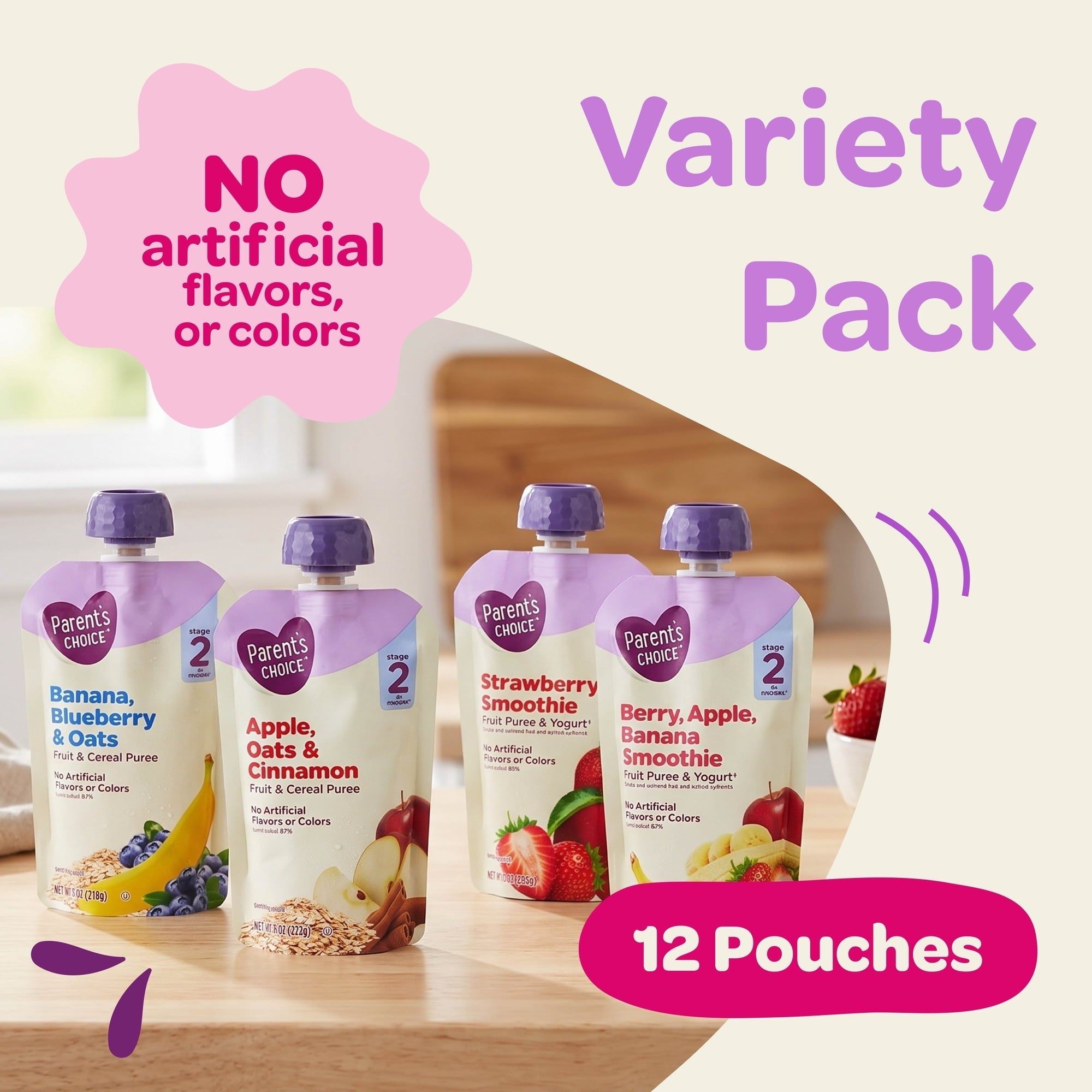 Parent's Choice Stage 2 Baby Food Breakfast Blend Variety Pack, 4 oz Pouches, 12 Count