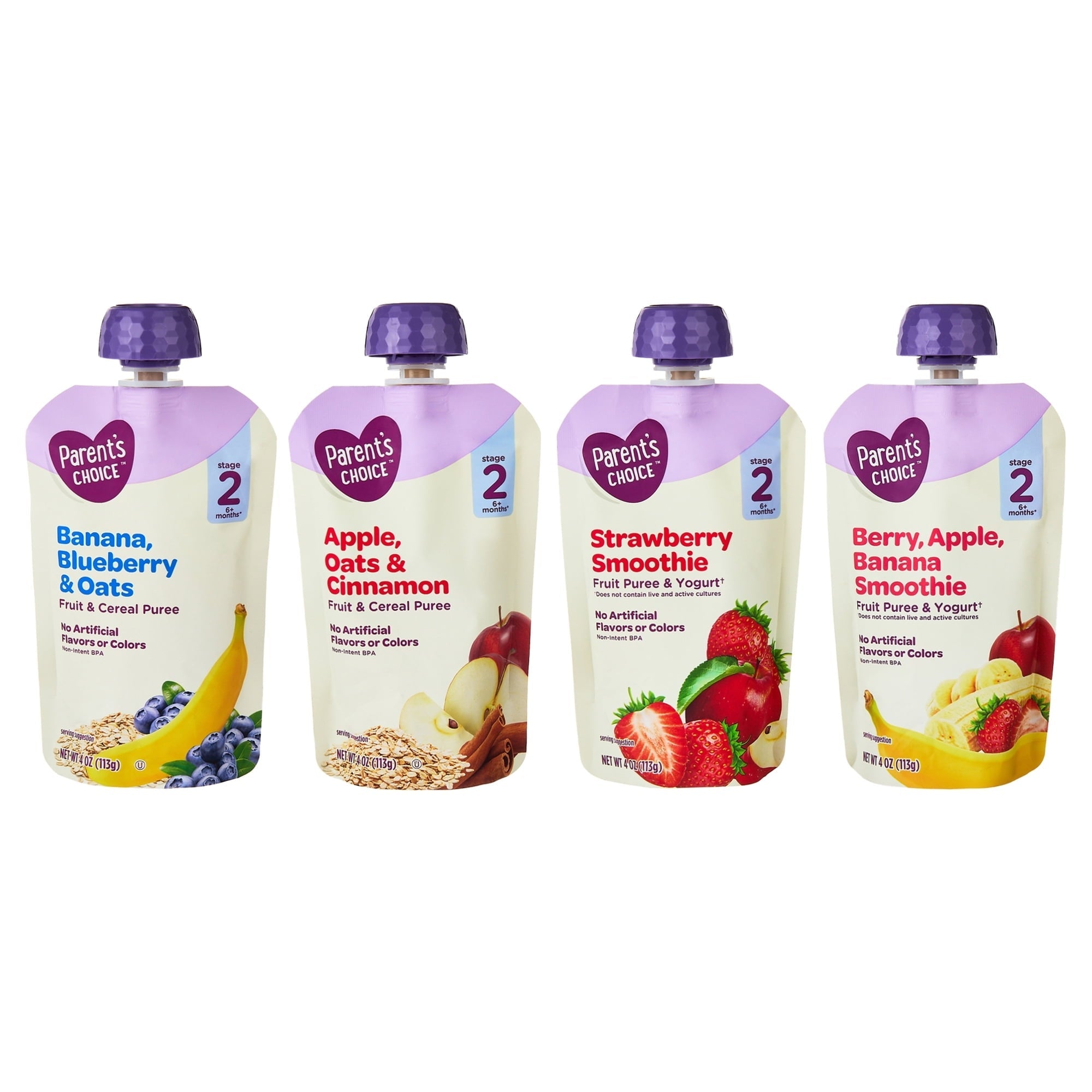 Parent's Choice Stage 2 Baby Food Breakfast Blend Variety Pack, 4 oz Pouches, 12 Count