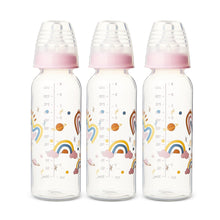 Three 9 fl oz baby bottles with pink standard neck nipples and rainbow pattern