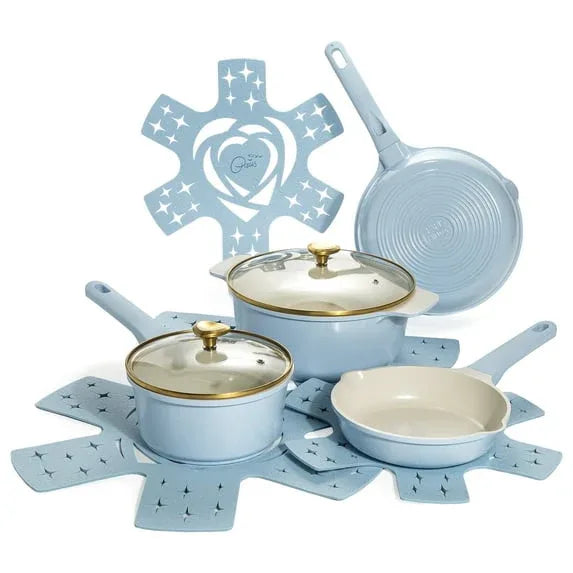 Paris Hilton Clean Ceramic Nonstick Cast Aluminum Cookware Set with Heart Knobs, Iridescent White