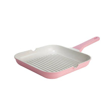 Pink ceramic nonstick grill pan with ridged square cooking surface and side handle
