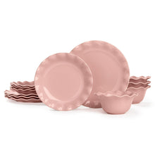 Rose pink stoneware dinnerware set with scalloped ruffle rims: plates and bowls