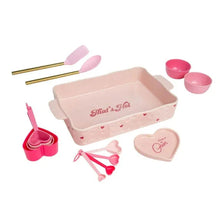 Pink lasagna serving set: rectangular pan, turner, measuring spoons, cups, spoon rest