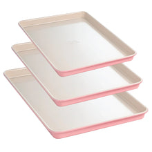 Pink nonstick baking sheet set of three, carbon steel cookie pans, stackable