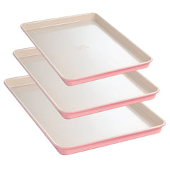 Paris Hilton 3-Piece Nonstick Cookie Sheet Pan Bakeware Set, Carbon Steel Baking Sheets, Dishwasher Safe, Pink
