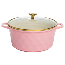 Pink ceramic Dutch oven with glass lid, gold knob, and loop side handles