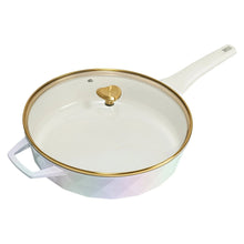 White iridescent jumbo cooker with glass lid and gold knob