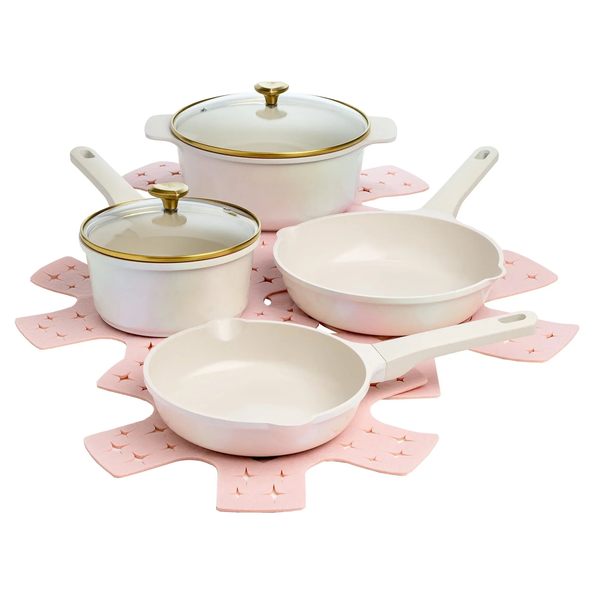 Paris Hilton Clean Ceramic Nonstick Cast Aluminum Cookware Set with Heart Knobs, Iridescent White