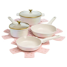 Ceramic nonstick cookware set in iridescent white with gold-tone heart knobs