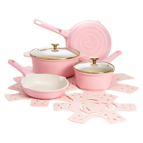 Paris Hilton Clean Ceramic Nonstick Cast Aluminum Cookware Set with Heart Knobs, Iridescent White