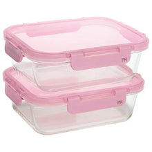 Pink-lidded glass food storage containers, two-piece stackable set with locking lids