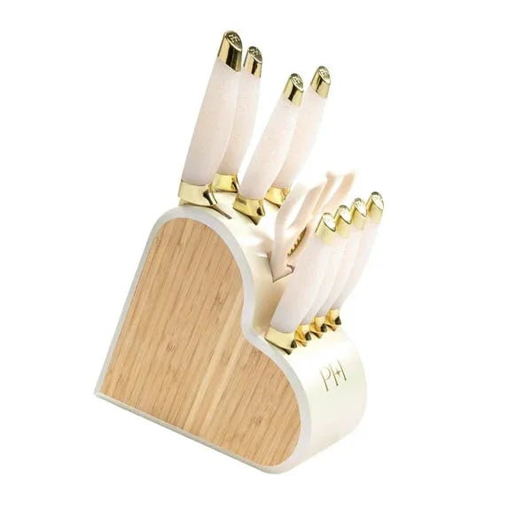 Paris Hilton Kitchen Knife Set with Heart-Shaped Block, 10-Piece Set, White Iridescent