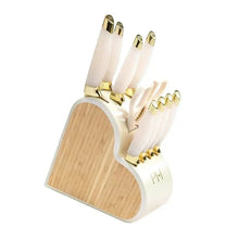Heart-shaped knife block set with white iridescent handles and gold accents