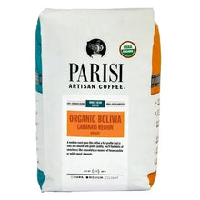 Organic coffee bag with PARISI branding, USDA Organic seal, and orange Bolivia label