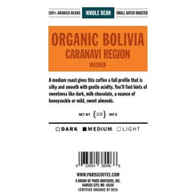 Organic Bolivia whole bean coffee bag label with orange panel and washed Caranavi region