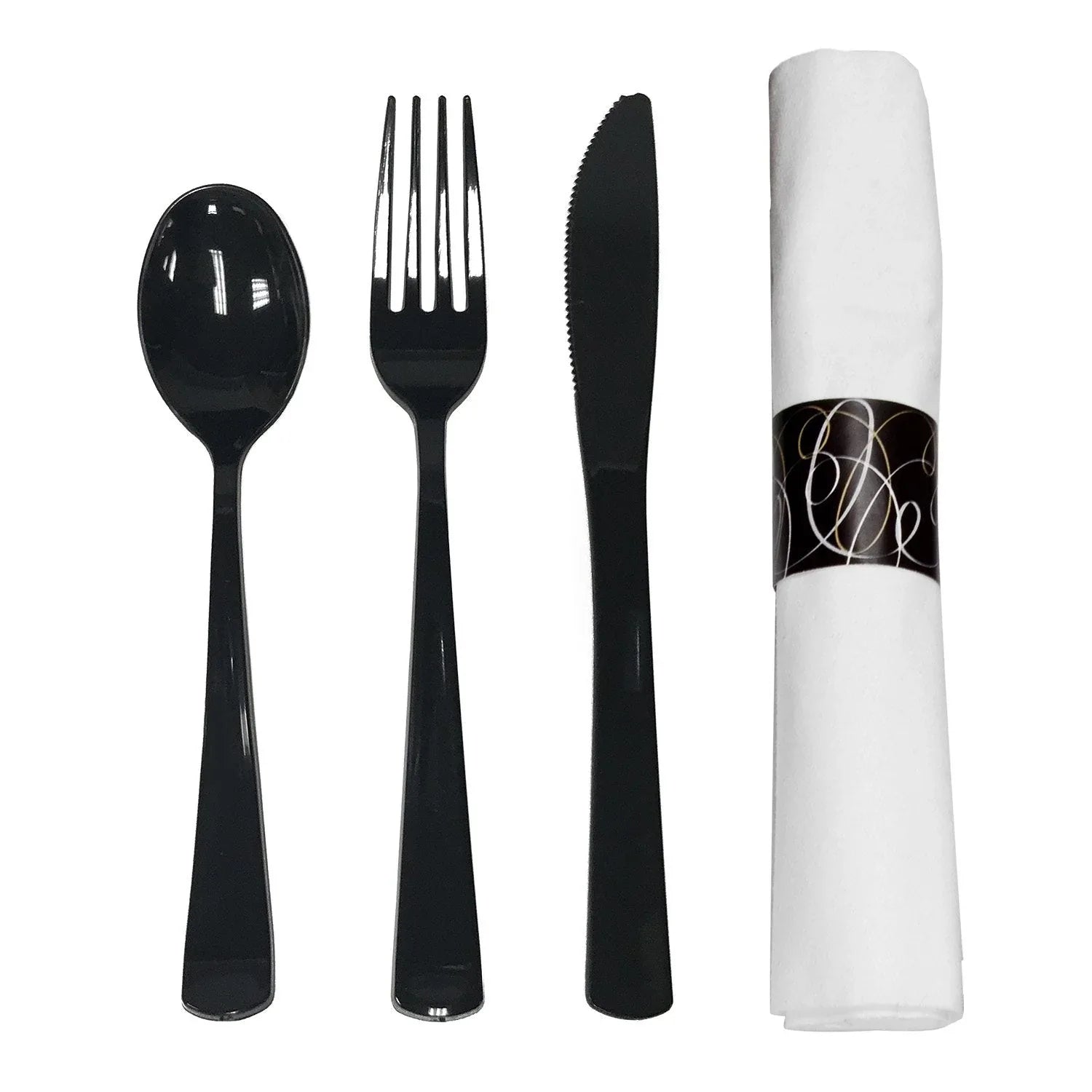 Party Essentials Napkin Roll Bag Set with Black Cutlery (4 - 25 ct. packs, 100 total) - USA MEGA SHOP