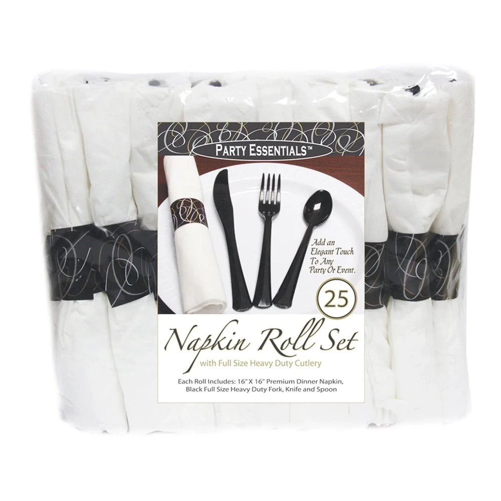 Party Essentials Napkin Roll Bag Set with Black Cutlery (4 - 25 ct. packs, 100 total) - USA MEGA SHOP