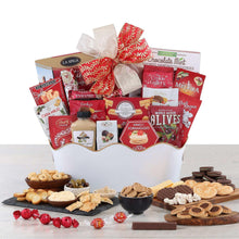 White snack gift tub with wavy rim, filled with assorted packaged treats