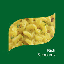 Cheesy pasta marketing graphic with yellow fusilli and broccoli pieces on green