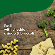 Pasta side marketing graphic with fusilli and cheddar, asiago, broccoli ingredients