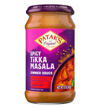 Patak's Spicy Tikka Masala simmer sauce bottle with purple label, 15 oz