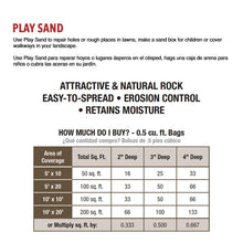 Play sand product label showing instructions and coverage chart