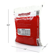Natural play sand bag with size measurements on red-and-white packaging