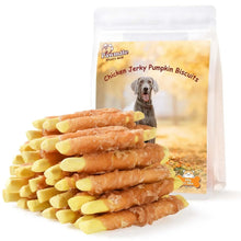 Chicken jerky wrapped pumpkin biscuit dog treats in clear resealable bag, with stacked chews.