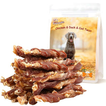 Dog jerky treats, twisted strips with chicken, duck, and cod in sealed pouch