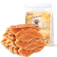 Chicken jerky dog treats: sliced pure chicken in front with resealable bag behind