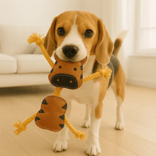 Brown rope and plush chew toy with animal face and knotted ends for dogs