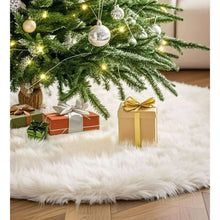 White faux fur Christmas tree skirt with fluffy shag texture, laid flat around tree base