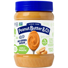 Peanut butter spread jar with blue lid and simply smooth label