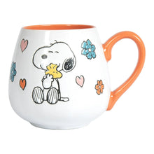 White ceramic mug with orange rim and handle, Peanuts Snoopy mother and baby hearts graphic