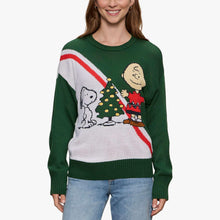 Women's green holiday sweater with Snoopy and tree graphic, crew neck
