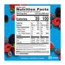 Berry Frost electrolyte drink Nutrition Facts panel with berries and no fruit juice note