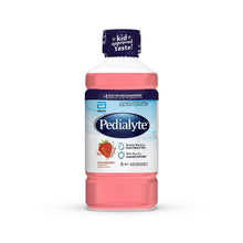 Pedialyte Strawberry electrolyte drink bottle with blue label and pink cap
