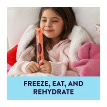 Young child holding an orange Pedialyte freezer pop with “freeze, eat, and rehydrate”