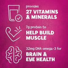 Pediasure Grow & Gain chocolate shake label: 27 vitamins, 7g protein, DHA omega-3