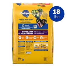 Pedigree adult dry dog food bag back panel with nutrition and ingredients, 18 lb
