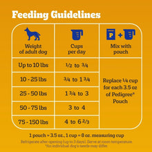 Dog food feeding guidelines chart with daily cups and mix-with-pouch instructions