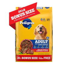 Adult dog food bag in yellow with grilled steak & vegetable flavor; 20 lb bonus size