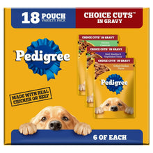 18-count wet dog food variety pack box with Choice Cuts in gravy pouch display