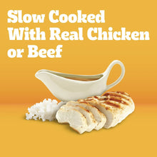 Slow-cooked wet dog food pouch with real chicken or beef gravy