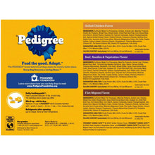 Adult dog wet food variety pack back panel with feeding, flavors, and guaranteed analysis text